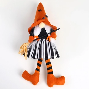 Halloween gnome plush doll with orange witch hat and mini broom for festive party decoration