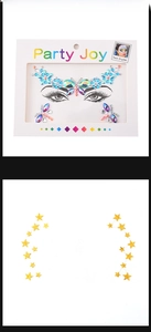 Detail view of multicolored face crystal butterflies and golden glitter star stickers