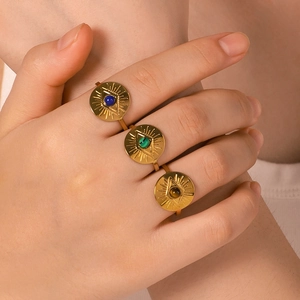 Retro Evil Eye Stainless Steel Open Ring 18K Gold Plated Sunburst Inlaid Natural Stone For Women