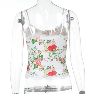 Detailed back view of white floral lace trim camisole with rose pattern and thin straps