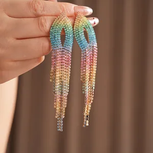 Luxurious silver needle rainbow gradient tassel earrings with pavé crystal accents