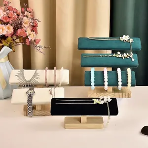 Solid wood jewelry display stand with velvet T-bar for bracelets and watches