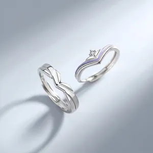 Princess And Knight Couple Rings Copper Purple Enamel Inlaid Zircon Adjustable V Shape Open Design Jewelry For Lovers