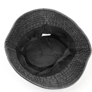 Inside view of dark grey corduroy bucket hat showing stitching and texture