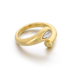 Minimalist 18k gold-plated snake wrap open ring featuring a teardrop diamond accent