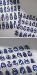 Detailed holographic gothic church glass window nail stickers in purple and blue tones