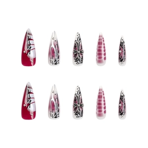 Gothic stiletto press-on nails with silver crosses and red-black gradient design