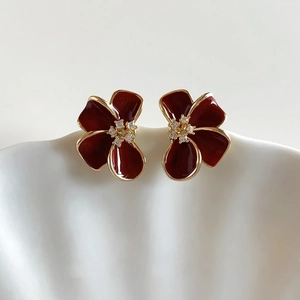 Boucles D'oreilles Puces Fleur Rouge Cuivre Vintage Plaqué Or 18K Émail Strass Avec Silver Earring Post Femmes
