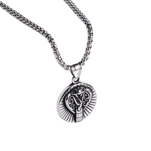 Oval stainless steel pendant necklace with embossed snake totem and square box chain