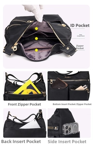 Detail view of water-resistant nylon shoulder bag with multiple functional storage pockets