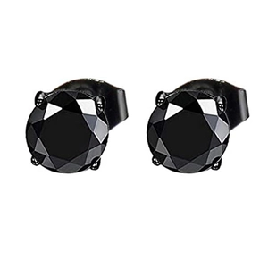 Detailed view of black four-prong stainless steel earrings with round-cut zircon stones