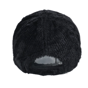 Winter plush baseball cap in black faux fur featuring vertical stripe texture and adjustable back