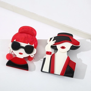 Creative acrylic cartoon girls brooch pins with glossy finish for fashion accessories