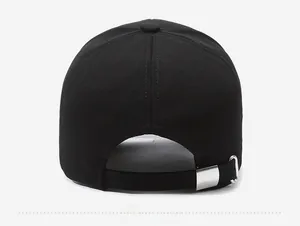 Rear view of black twill baseball cap showing adjustable strap and silver metal buckle