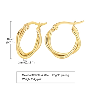 Detail view of 18mm gold plated stainless steel twisted hoop earrings showing dimensions