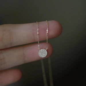 French Romantic 925 Sterling Silver Round Disc Pave Rhinestone Pendant Necklace 14k Gold Plated Delicate Chain Jewelry For Women Gift