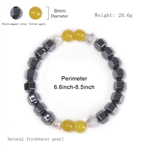 8mm black magnetite and yellow agate beaded bracelet with natural freshwater pearls