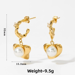 Detailed size specifications for gold twisted hoop earrings with pearl heart pendants