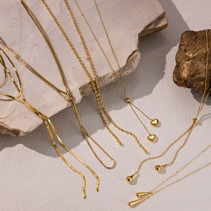 Collection de colliers en Y en acier inoxydable plaqué or 18K avec pendentifs cœur et goutte