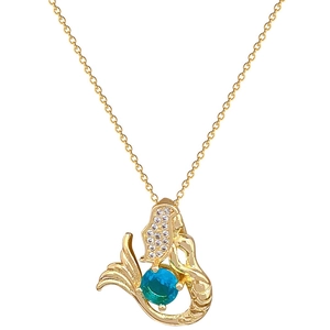 Luxurious gold mermaid tail necklace with a round teal sapphire and white zircon accents