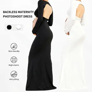Elegant long sleeve maternity fish tail dress for photoshoot with open back design