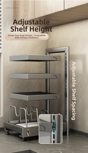 Detail of adjustable kitchen rack layers with screw-less snap-in design for pot storage