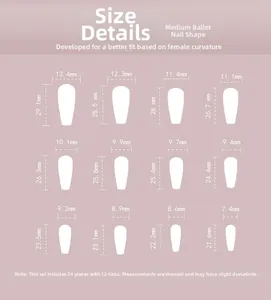 Size chart for medium coffin press-on nails detailing 12 specific sizes in mm for a perfect fit