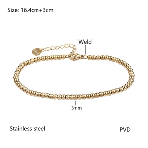 Detail view of gold beaded stainless steel bracelet showing 3mm bead size and 16.4cm length