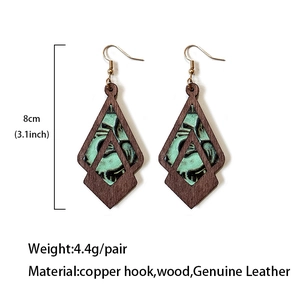 Vintage embossed genuine leather and wood geometric earrings with copper hooks
