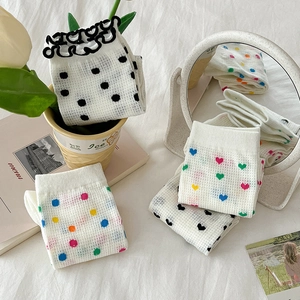 Kawaii hollow mesh crew socks with lace trim and heart dot patterns in multiple styles