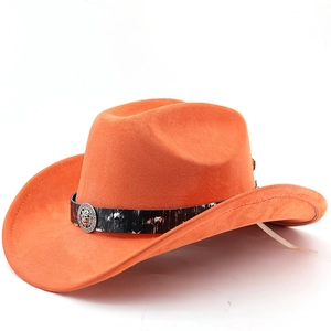Detail view of orange suede cowboy hat with black faux leather band and lion head buckle