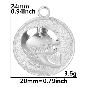 Detailed view of silver stainless steel skull pendant with precise 24mm height measurement