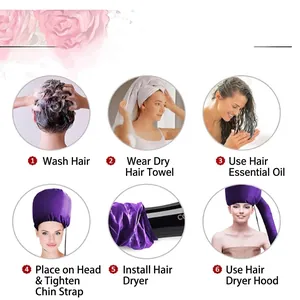 Purple portable hair dryer bonnet with 6-step user guide for salon hair styling results