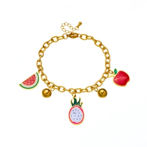 Gold stainless steel bracelet with colorful enamel watermelon, dragon fruit, and apple charms