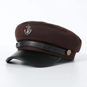 Britischer Stil Nautische Marine Mütze Mit Anker Emblem PU Leder Krempe Baumwolle Baskenmütze Für Damen Retro Militär Flachkappe