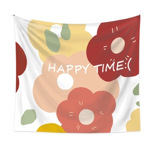 Bohemian floral wall tapestry featuring abstract colorful print and Happy Time text