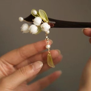 Classic Lily of the Valley wooden hair pin with tassels for Hanfu and traditional style