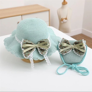 Kids straw sun hat and matching crossbody bag set with mint green bow and lace trim