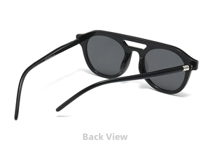 Detailed back view of oversized black double bridge sunglasses with printed size codes