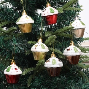 Festive cupcake-shaped Christmas tree ornaments in metallic red gold and silver finish