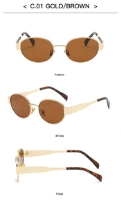 Three-angle views of vintage gold oval sunglasses with brown lenses and tortoiseshell tips