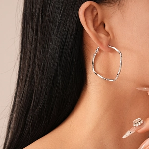 Silver twisted square geometric hoop earrings with polished metallic ripple texture