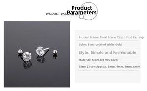 Detailed size comparison of 925 silver screw back stud earrings with round zircons
