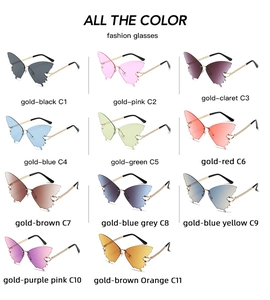 Frameless butterfly sunglasses shown in eleven diverse gradient color options with metal temples
