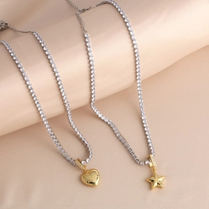 Tennis Chain Necklace With Heart Star Pendant Copper 18K Gold Plated Cubic Zirconia For Women Minimalist Chic Jewelry