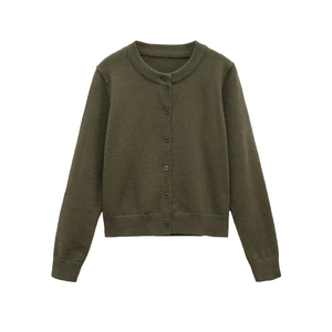 Classic dark olive green crewneck button-down knit cardigan with ribbed cuffs and hem