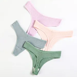 String Pour Femmes En Coton Côtelé Élasthanne Taille Basse Respirant Sous-Vêtements Couleur Unie Lingerie T-Back