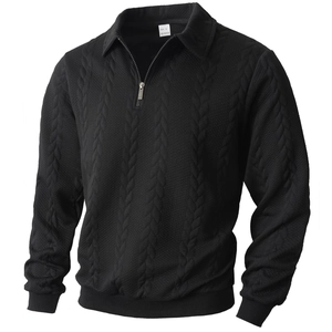 Men's black quarter-zip knit sweater with intricate cable and honeycomb textures