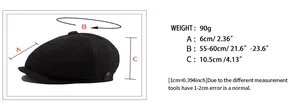 Size chart for newsboy cap showing dimensions for brim length, head circumference and height