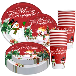 Christmas snowman disposable paper plates and cups party tableware set in red and white